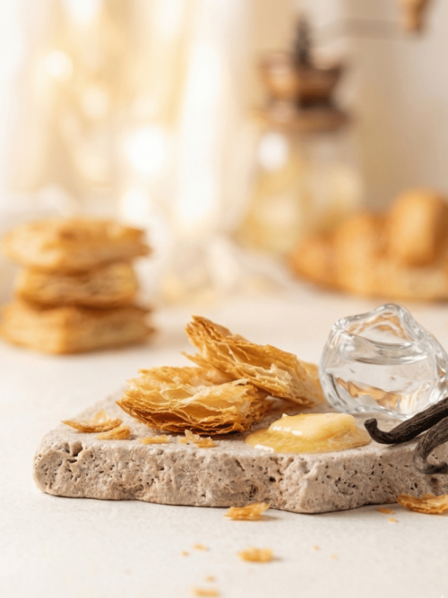 Un despertar en París: el cálido abrazo de un croissant recién horneado, con notas doradas de mantequilla fundida y hojaldre crujiente que invitan al placer más simple y auténtico. Un aroma reconfortante que envuelve como la primera luz de la mañana.