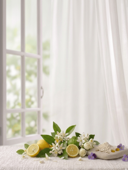 Perfume de ambiente fresco y elegante, con notas cítricas de limón, bergamota y neroli, corazón floral de jazmín, rosa y flores blancas, y fondo suave de iris en polvo y almizcle. Ideal para llenar cualquier espacio de luminosidad, frescura y sofisticación.