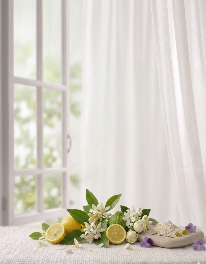 Perfume de ambiente fresco y elegante, con notas cítricas de limón, bergamota y neroli, corazón floral de jazmín, rosa y flores blancas, y fondo suave de iris en polvo y almizcle. Ideal para llenar cualquier espacio de luminosidad, frescura y sofisticación.